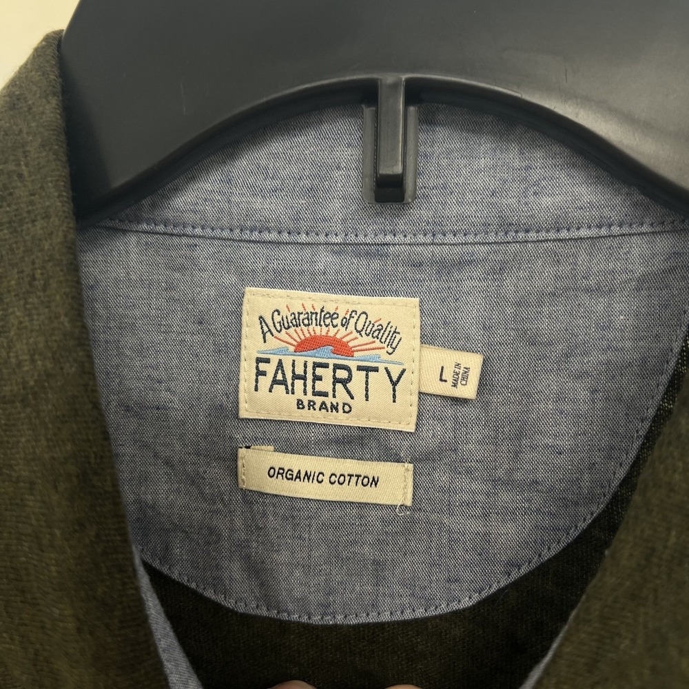 Faherty Long-Sleeve Luxe Heathered Polo Mens L 1/4 Button Olive Green Pocket EUC - Picture 5 of 12
